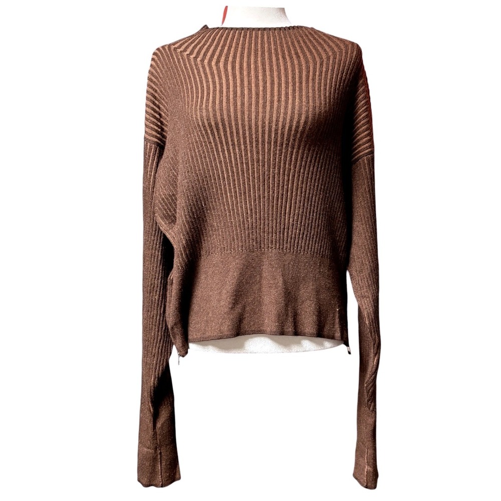 Varley Rib Knit Brown Side Zip Sweater Large Viscose Blend Pullover